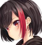  1girl bang_dream! bangs black_hair blush chiyonekoko closed_mouth commentary_request ear_piercing looking_away mitake_ran multicolored_hair piercing portrait red_eyes red_hair short_hair simple_background solo streaked_hair white_background 