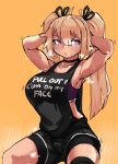  1girl ahoge armpits bangs bike_shorts bike_shorts_under_shorts black_choker blonde_hair blush bra breasts choker clothes_writing english_text eyebrows_visible_through_hair fuck-me_shirt hair_between_eyes hair_ribbon hands_in_hair heavy_breathing highres huge_breasts knee_pads long_hair meme_attire original overalls purple_bra purple_eyes ribbon shorts solo sports_bra sweat twintails underwear zana 