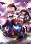  2girls absurdres asymmetrical_hair autumn_leaves bat black_legwear blue_eyes blue_kimono breasts brown_hair cloak closed_mouth commentary_request detached_sleeves drawing_tablet dual_wielding earrings eyebrows_visible_through_hair fate/grand_order fate_(series) full_moon gradient_hair hair_ornament hairband hane_yuki highres holding holding_sword holding_weapon hood hood_down huge_filesize japanese_clothes jewelry katana kimono large_breasts leaf_print long_hair low_twintails magatama maple_leaf_print miyamoto_musashi_(fate/grand_order) moon multicolored_hair multiple_girls navel_cutout obi open_mouth origami osakabe-hime_(fate/grand_order) outdoors pink_hair ponytail purple_eyes purple_skirt sandals sash sheath short_kimono skirt sleeveless sleeveless_kimono sword thighhighs twintails unsheathed very_long_hair weapon wide_sleeves 