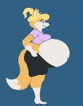  animated anthro belly black_nose blonde_hair blush bottomwear breasts canid canine clothed clothing digestion female fox hair hoodah jen_(scottc) mammal shirt shorts smile solo standing topwear vore 