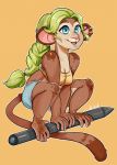  2016 blue_eyes bottomwear breasts brown_skin clothing corelle-vairel crop_top denim_shorts ear_piercing female green_hair hair hi_res mammal monkey open_mouth piercing pink_nose primate shirt shorts simple_background solo tablet_pen topwear yellow_background 