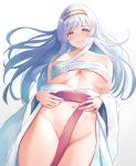  1girl 3: bare_shoulders blush breasts cleavage embarrassed hairband highres irohakaede jewelry kantai_collection large_breasts long_hair looking_at_viewer navel purple_eyes remodel_(kantai_collection) ring sarashi shoukaku_(kantai_collection) silver_hair simple_background solo underboob wedding_band white_background 