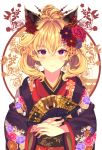  1girl animal_ear_fluff animal_ears bangs blonde_hair blush breasts eyebrows_visible_through_hair fan floral_print flower folding_fan fox_ears hair_flower hair_ornament hair_up hairpin highres holding holding_fan japanese_clothes kimono large_breasts long_hair looking_at_viewer mizuyoukan_(mikususannda) nail_polish obi original pink_nails purple_eyes sash sidelocks smile solo two_side_up upper_body wide_sleeves 