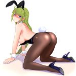  1girl all_fours animal_ears ass back bare_shoulders black_leotard blue_eyes blue_footwear bow bowtie breasts brown_legwear bunny_ears bunny_girl bunny_tail bunnysuit covered_navel detached_collar embarrassed eyebrows_visible_through_hair fake_animal_ears from_behind full_body green_hair high_heels highres kantai_collection leotard long_hair looking_at_viewer looking_back medium_breasts mole pantyhose shadow simple_background strapless strapless_leotard sweat tail tomatojiusu very_long_hair white_background wrist_cuffs yuugumo_(kantai_collection) 