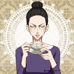  1girl black_hair cheekbones closed_eyes cup hair_bun lilia_baranovskaya saucer teacup twitter_username upper_body yamano_uzura yuri!!!_on_ice 