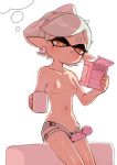  +_+ 1girl :/ areolae bare_arms bare_shoulders breasts closed_mouth cup dildo domino_mask earrings hair_rings holding holding_cup hotaru_(splatoon) jewelry mask mole mole_under_eye mug navel nipples notori_d orange_eyes pointy_ears short_hair silver_hair small_breasts solo splatoon_(series) splatoon_1 strap-on symbol-shaped_pupils tentacle_hair thought_bubble topless 