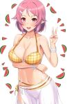  1girl bare_shoulders bikini blush bracelet breasts cleavage eyebrows_visible_through_hair food fruit hair_ornament highres jewelry kawase_seiki lisbeth looking_at_viewer necklace open_mouth pink_eyes pink_hair pointy_ears short_hair simple_background solo swimsuit sword_art_online v watermelon white_background yellow_bikini 