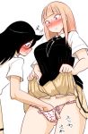  2girls bags_under_eyes black_hair blonde_hair blush dokuna food_print katou_asuka kuroki_tomoko multiple_girls necktie panties print_panties school_uniform strawberry_panties strawberry_print underwear watashi_ga_motenai_no_wa_dou_kangaetemo_omaera_ga_warui! 