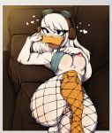  &lt;3 2019 anatid anseriform anthro avante92 avian beak bird blush breasts clothing della_duck digital_media_(artwork) disney duck ducktales ducktales_(2017) eyewear feathers female fishnet fishnet_legwear goggles hair hat headgear headwear hi_res inside legwear looking_at_viewer lying nipples non-mammal_breasts open_beak open_mouth pussy signature sofa solo tail_feathers thick_thighs white_feathers white_hair 