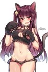  1girl :d animal_ears bangs bell black_panties blush bra breasts cameltoe cat_cutout cat_ear_panties cat_ears cat_hair_ornament cat_lingerie cat_tail choker cleavage cleavage_cutout cowboy_shot embarrassed eyebrows_visible_through_hair fang frilled_bra frills frown girls_frontline gloves groin hair_ornament hair_ribbon highres jingle_bell kemonomimi_mode large_breasts lingerie long_hair looking_at_viewer maett meme_attire navel one_side_up open_mouth panties paw_gloves paws purple_hair red_eyes ribbon side-tie_panties sidelocks simple_background smile solo standing stomach sweat tail underwear underwear_only very_long_hair wa2000_(girls_frontline) white_background 