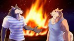  16:9 2019 anthro canid canine canis clothed clothing duo eyes_closed fire fur game_(disambiguation) male male/male mammal nyaruh shirt shoichi_urata smile t-shirt tennis_ace topwear visual_novel wolf yuuichi_michimiya 