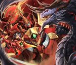  1girl axe clenched_hand dragon fennachtur highres holding holding_axe isabella_of_the_red_steel nyaasora pixiv_fantasia pixiv_fantasia_last_saga punching red_armor red_eyes screaming 