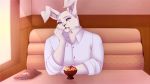  16:9 2019 anthro bench clothed clothing dessert digital_media_(artwork) food fur game_(disambiguation) hare ice_cream keisuke_urushihara lagomorph leporid looking_aside looking_away male mammal nyaruh tennis_ace thinking visual_novel 