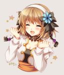  1girl ayamisiro black_bow bow breasts brown_hair cleavage closed_eyes collarbone detached_collar facing_viewer flower grey_background hair_bow hair_flower hair_ornament hairband highres leia_rolando open_mouth shirt short_hair signature simple_background smile solo star tales_of_(series) tales_of_xillia upper_body w_arms white_hairband white_shirt 