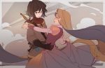  2girls arm_around_waist belt black_hair blonde_hair brown_gloves cassandra_(tangled) commentary dagger dancing dress eye_contact gloves kawacy light_blush long_hair looking_at_another multiple_girls parted_lips pink_dress rapunzel_(disney) short_hair smile strap sword tangled very_long_hair weapon weapon_on_back 