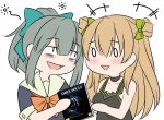  +++ 0_0 2girls :&gt; :d bags_under_eyes bangs bare_arms bare_shoulders black_dress black_shirt blush bow breasts brown_hair chibi cleavage collarbone crossover dark_souls dress eyebrows_visible_through_hair girls_frontline green_bow grey_hair guin_guin hair_between_eyes hair_bow high_ponytail holding kantai_collection long_hair medium_breasts multiple_girls open_mouth orange_bow ponytail rfb_(girls_frontline) shirt short_sleeves simple_background sleeveless sleeveless_dress smile souls_(from_software) tired triangle_mouth two_side_up upper_body very_long_hair white_background yuubari_(kantai_collection) 