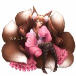  1girl animal_ear_fluff animal_ears black_legwear blush brown_hair cardigan closed_eyes collarbone commentary english_commentary fox_ears fox_girl fox_tail frills green_eyes highres krepexz large_tail long_hair looking_at_viewer multiple_tails open_cardigan open_clothes original oversized_clothes pink_cardigan plushmallow shirt simple_background sitting sitting_on_tail sleeves_past_fingers sleeves_past_wrists smile solo striped striped_legwear tail thighhighs twintails watermark white_background white_shirt 