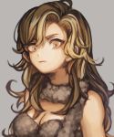  1girl asukichi_(h-asumint) ayla_(chrono_trigger) bangs bare_shoulders blonde_hair breasts brown_eyes chrono_trigger cleavage closed_mouth fang fang_out grey_background highres long_hair looking_at_viewer medium_breasts scarf solo upper_body 