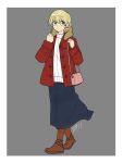 1girl artist_name bag bangs blonde_hair blue_eyes blush_stickers boots braid brown_coat brown_footwear carrying casual closed_mouth coat commentary darjeeling dated frown full_body fur-trimmed_coat fur_trim girls_und_panzer grey_background handbag highres long_skirt looking_at_viewer navy_blue_skirt open_clothes open_coat ribbed_sweater short_hair signature simple_background skirt solo standing sweater tied_hair turtleneck walking white_sweater winter_clothes zono_(inokura_syuzo029) 