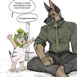  1:1 2019 5_fingers anthro barefoot black_nose blue_eyes canid canine canis clothed clothing digital_media_(artwork) domestic_cat domestic_dog duo english_text felid feline felis hi_res kardie male mammal pixie_and_brutus sitting smile standing text 