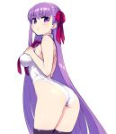  arched_back ass backless_leotard bangs bb_(fate)_(all) bb_(fate/extra_ccc) black_legwear breast_suppress breasts chan_co cowboy_shot eyebrows_visible_through_hair fate/grand_order fate_(series) from_behind hair_ribbon halterneck hands_on_own_chest highleg highleg_leotard large_breasts leaning_forward leotard long_hair looking_back purple_eyes purple_hair ribbon simple_background single_sidelock thighhighs very_long_hair white_background 