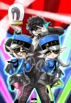  +_+ 1boy 2girls absurdres alternate_hairstyle amamiya_ren aori_(splatoon) assist_trophy black_gloves black_hair blue_fire boots braid caroline_(persona_5) caroline_(persona_5)_(cosplay) cosplay double_bun earrings eyepatch fangs fire gloves green_legwear hat highres hotaru_(splatoon) jajji-kun_(splatoon) jewelry justine_(persona_5) justine_(persona_5)_(cosplay) kicdon looking_at_viewer morgana_(persona_5) morgana_(persona_5)_(cosplay) multiple_girls pants persona persona_5 pink_legwear plaid plaid_pants pointy_ears pose shorts shuujin_academy_uniform silver_hair single_braid smile splatoon_(series) splatoon_1 stage_lights standing standing_on_one_leg super_smash_bros. symmetry tentacle_hair uniform yellow_eyes 