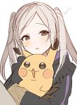  1girl blush brown_eyes female_my_unit_(fire_emblem:_kakusei) fire_emblem fire_emblem:_kakusei gen_1_pokemon holding holding_pokemon long_sleeves my_unit_(fire_emblem:_kakusei) parted_lips pikachu pokemon pokemon_(creature) ryon_(ryonhei) simple_background twintails white_background white_hair 