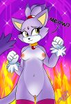  2019 anthro big_ears blaze blaze_the_cat breasts clitoris digital_media_(artwork) domestic_cat felid feline felis female fur hi_res ikaribunbun mammal nipples nude presenting pussy simple_background smile solo sonic_(series) text video_games white_fur 