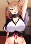  1girl absurdres armpits arms_behind_back arms_behind_head blush breasts brown_hair cleavage collar curtains desk green_eyes headgear highres huge_breasts kantai_collection large_breasts looking_at_viewer messy_hair metal_collar midriff mutsu_(kantai_collection) one_eye_closed ribbon short_hair sidelocks smile solo the_only_shoe tongue tongue_out window 