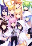  6+girls :d ^_^ aqua_eyes bangle bangs bare_shoulders black_hair black_legwear black_ribbon blue_eyes blue_hair bracelet brown_eyes brown_hair brown_wings capelet character_request closed_eyes closed_mouth collarbone commentary_request eyebrows_visible_through_hair facing_viewer fate/grand_order fate_(series) feet_out_of_frame green_hair green_wings hair_between_eyes hair_bun head_wings highres hildr_(fate/grand_order) hood hood_down hood_up hooded_capelet jewelry leotard long_hair looking_at_viewer multiple_girls neck_ribbon open_mouth ortlinde_(fate/grand_order) pink_hair pink_wings purple_eyes purple_hair purple_wings red_eyes ribbon sidelocks sitting smile soupchan thighhighs thrud_(fate/grand_order) twintails upper_teeth valkyrie_(fate/grand_order) white_capelet white_leotard wings yellow_wings 