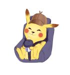  2019 absurd_res beverage black_nose booster_seat clothing coffee colored_sketch cup deerstalker_hat detective_pikachu dipstick_ears fur hat headgear headwear hi_res holding_cup holding_object multicolored_ears nintendo pikachu pok&eacute;mon pok&eacute;mon_(species) pok&eacute;mon_detective_pikachu red_cheeks seat_belt simple_background sitting smile solo swaggypirate video_games white_background yellow_fur 