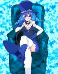  1girl :q blue_background blue_cat blue_footwear blue_gloves blue_hair blue_headwear blue_neckwear blue_skirt blue_theme blue_vest boots braid cat_tail choker crossed_legs gloves hat highres knee_boots looking_at_viewer nann_tou popped_collar precure short_hair sitting skirt solo star star_twinkle_precure starry_background sunglasses tail thighhighs tongue tongue_out top_hat twin_braids vest white_legwear 