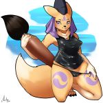  1:1 2018 anthro black_sclera blue_eyes blush brush clothing digimon digimon_(species) digital_media_(artwork) female fluffy fluffy_tail fur hi_res invalid_tag lipstick makeup mammal slightly_chubby smile solo sruto swimwear taomon tattoo yellow_fur 