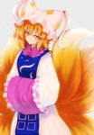  1girl animal_ears bangs blonde_hair closed_mouth dress eyebrows_visible_through_hair fox_ears fox_tail frown grey_background hands_in_opposite_sleeves hat head_tilt highres long_dress long_sleeves looking_at_viewer multiple_tails pillow_hat short_hair simple_background solo standing tabard tail tassel touhou umxzo white_dress white_headwear wide_sleeves yakumo_ran yellow_eyes 