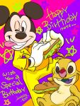  2018 3:4 3_toes alien antennae_(anatomy) anthro black_nose bottomwear brown_eyes brown_pawpads buckteeth chest_tuft clothing dipstick_antennae disney duo english_text experiment_(species) food fur gloves green_mouth happy_birthday japanese_text lilo_and_stitch male mammal mickey_mouse mouse multicolored_antennae murid murine one_eye_closed open_mouth open_smile pants pawpads purple_tongue red_nose reuben rodent sandwich_(food) saowdmm silly sitting smile submarine_sandwich teeth text toes tongue tongue_out topwear tuft white_clothing white_gloves yellow_bottomwear yellow_clothing yellow_fur yellow_pants yellow_topwear 
