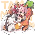  1girl alternate_costume alternate_legwear animal_ear_fluff animal_ears apron bell bell_collar blush breasts carrot cat_paws cleavage closed_mouth collar commentary commentary_request enmaided eyebrows_visible_through_hair fangs fate/extra fate/grand_order fate_(series) food fox_ears fox_girl fox_tail frills gloves hair_ribbon jingle_bell large_breasts looking_at_viewer maid maid_apron maid_headdress navel negi_(ulog&#039;be) paw_gloves paw_shoes paws pink_hair red_ribbon ribbon shoes solo tail tamamo_(fate)_(all) tamamo_cat_(fate) vegetable waist_apron wrist_cuffs yellow_eyes 