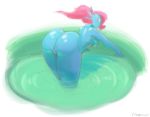  2016 angstrom bangs bent_over big_butt blue_eyes blue_skin blush breasts butt cute_fangs digital_media_(artwork) ear_fins ear_frills female fin fish frill gills glistening glistening_skin hair humanoid looking_at_viewer looking_back mammal marine nude partially_submerged pond ponytail pussy rear_view red_hair sharp_teeth side_boob simple_background solo surprise teeth thick_thighs undertale undyne video_games water white_background 