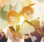 1boy 1girl :d ^_^ backlighting balloon blonde_hair blowing blue_eyes blush chi_ya closed_eyes confetti detached_sleeves hair_ornament hair_ribbon hairclip happy headset highres kagamine_len kagamine_rin light_particles locked_arms looking_at_another looking_back midriff necktie open_mouth party_horn puffy_short_sleeves puffy_sleeves ribbon sailor_collar shirt short_hair short_sleeves smile stuffed_animal stuffed_toy teddy_bear teeth toy upper_body upper_teeth vocaloid white_ribbon white_shirt yellow_neckwear yellow_ribbon 