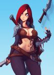  1girl belt black_gloves blade blue_background blue_eyes breasts carlos_eduardo cleavage collarbone commentary_request fingerless_gloves gloves highres katarina_du_couteau large_breasts league_of_legends lips looking_to_the_side looking_up midriff navel scar smile solo thighs 