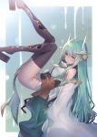  1girl aqua_background aqua_hair bangs bare_shoulders blurry blurry_background breasts commentary_request detached_sleeves dragon_girl dragon_horns eyebrows_visible_through_hair fate/grand_order fate_(series) floating hair_between_eyes horns japanese_clothes kiyohime_(fate/grand_order) knees_together_feet_apart leg_armor long_hair lying medium_breasts obi on_back oukawa_yuu sandals sash solo thighhighs very_long_hair white_sleeves wide_sleeves yellow_eyes 