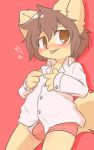  &lt;3 4_fingers 5:8 anthro briefs brown_eyes brown_hair bulge clothing cub domestic_cat dress_shirt felid feline felis fur hair hi_res male mammal shirt solo standing takehkun tan_fur tongue tongue_out topwear underwear young 