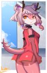  amber_eyes anthro antlers blue_sky blush border breasts chinese_clothing chinese_dress clothing cloud dragon dress eyebrow_through_hair eyebrows female hair hi_res horn kemono looking_back mofumofumachine multicolored_hair pink_scales portrait rear_view red_clothing scales scalie sky solo star_eyes three-quarter_portrait three-quarter_view tied_hair translucent translucent_hair white_border white_scales 