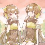  2girls airisuotog bow breastplate brown_eyes brown_hair cape dress dual_persona dyute_(fire_emblem) eating fire_emblem fire_emblem_echoes:_mou_hitori_no_eiyuuou fire_emblem_heroes hair_bow highres long_hair multiple_girls ponytail red_eyes short_dress sitting twitter_username 