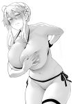  1girl artoria_pendragon_(all) artoria_pendragon_(lancer) bangs bare_shoulders bikini bikini_aside blush braid breasts closed_mouth collarbone crown eyelashes fate/grand_order fate_(series) french_braid greyscale hair_between_eyes hand_on_own_chest large_breasts leaning_forward long_hair looking_at_viewer monochrome nipple_slip nipples sidelocks simple_background soba_(saz) solo swimsuit thigh_strap thighs 
