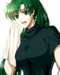  1girl :d black_shirt delsaber earrings fire_emblem fire_emblem:_rekka_no_ken floating_hair green_eyes green_hair holding holding_towel jewelry long_hair looking_at_viewer lyndis_(fire_emblem) open_mouth shiny shiny_hair shirt short_sleeves simple_background smile solo sweatdrop towel very_long_hair white_background 