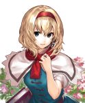  1girl alice_margatroid blonde_hair blouse blue_eyes book breasts capelet flower hair_between_eyes hairband hiyashiru jewelry lips looking_at_viewer medium_breasts red_neckwear ring scarf short_hair short_sleeves simple_background smile solo touhou upper_body white_background 
