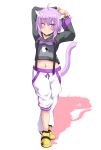  1girl ;3 ahoge animal_ears bangs black_collar black_hoodie blush cat_ears cat_tail collar collarbone commentary hair_between_eyes highres hololive navel nekomata_okayu one_eye_closed onigiri_print pants pants_rolled_up purple_eyes purple_hair shadow shoes short_hair simple_background smile solo strap tail virtual_youtuber white_background white_pants yellow_footwear yoru_no_night 