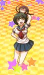  1girl :d bird blue_sailor_collar blue_skirt breasts brown_hair character_doll checkered checkered_background collarbone cropped_legs danganronpa danganronpa_3 doll_on_head glasses green_eyes green_hair hand_on_hip looking_at_viewer medium_breasts miniskirt naegi_komaru neckerchief open_mouth pleated_skirt red_neckwear rimless_eyewear sailor_collar school_uniform serafuku shirt short_hair short_sleeves skirt smile solo standing white_shirt yellow_background yumaru_(marumarumaru) zettai_zetsubou_shoujo 