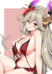  1girl :p ahoge bangs bare_shoulders bikini blush breasts cleavage draph eyebrows_visible_through_hair flower granblue_fantasy grey_hair groin hair_between_eyes hair_flower hair_ornament hibiscus highres horns knee_up large_breasts long_hair looking_at_viewer navel red_bikini red_eyes signature sitting smile solo swimsuit thalatha_(granblue_fantasy) tongue tongue_out tony_guisado untied untied_bikini very_long_hair 