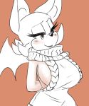  anthro black_lips blush breasts chiropteran clothing eyelashes female front_view half-closed_eyes hands_behind_back hi_res krazyelf mammal monochrome rouge_the_bat side_boob simple_background smile solo sonic_(series) sweater tan_background topwear virgin_killer_sweater wings 